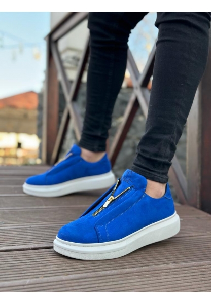 Ayakkabium Yüksek Taban Fermuarlı Süet Mavi Beyaz Casual Sneaker Tarz Erkek Ayakkabı MHN-AY3643